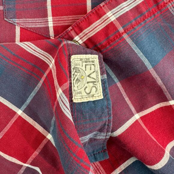 Levis Shirt Mens Large Red White Blue Plaid Snap Western Flap Pockets Modern - Picture 6 of 11